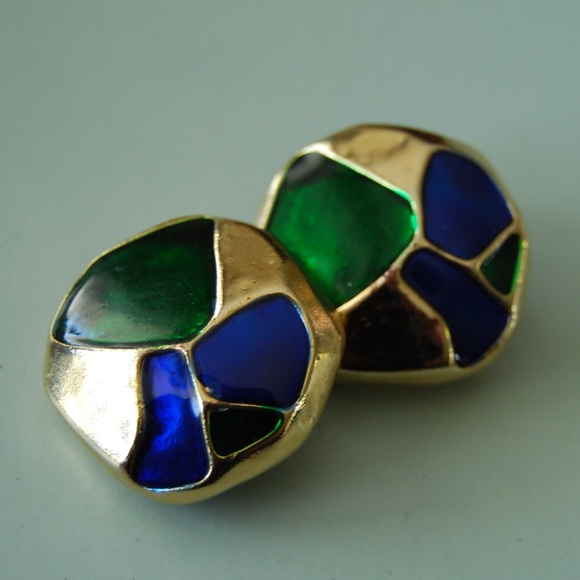 Vintage 80's clip on earrings blue, green and gold - Picture 1 of 3